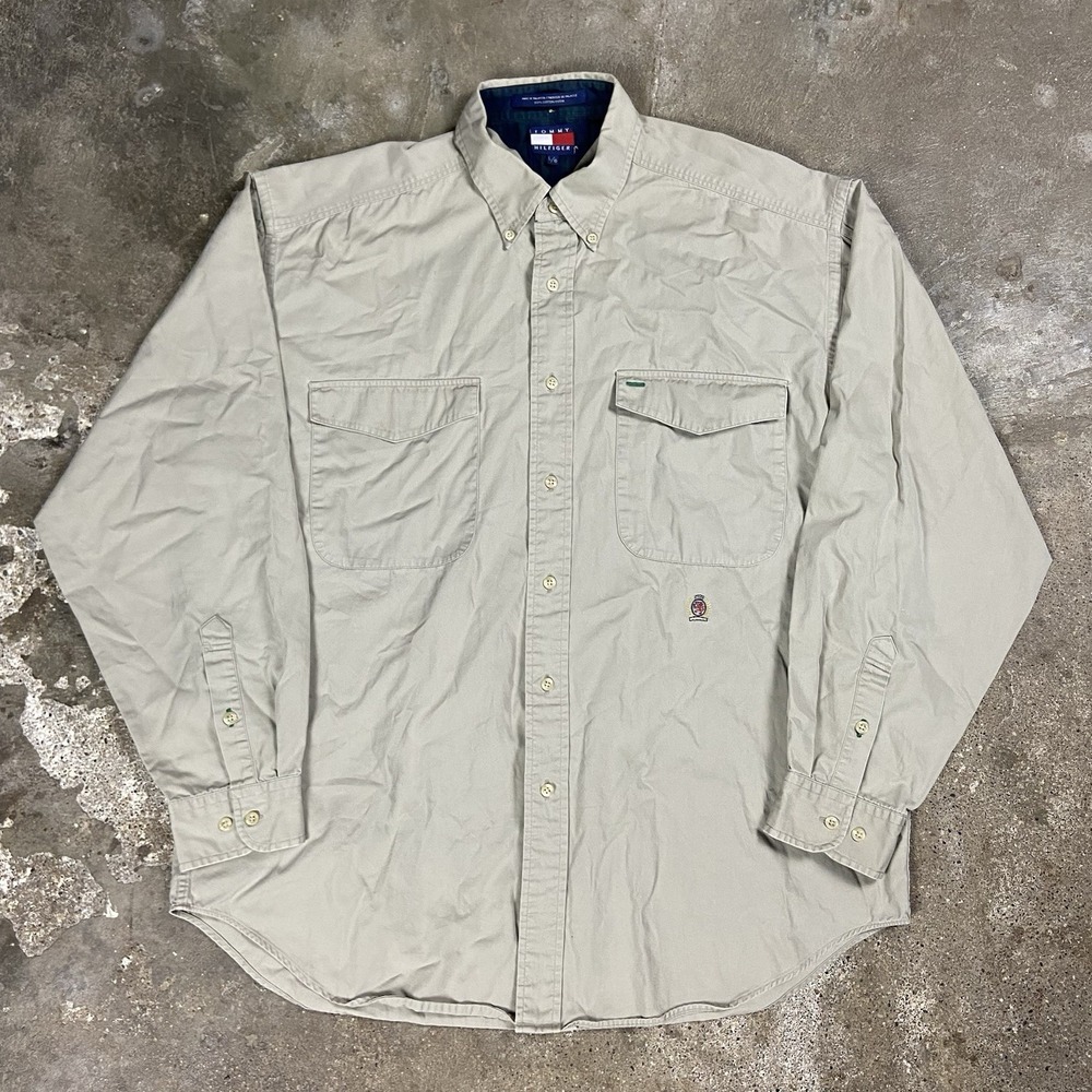 Vintage 90s Tommy Hilfiger Oxford Button‎ Down Shirt Size Large Beige Crest Logo